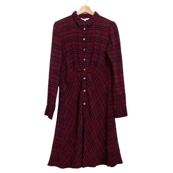 THAKOON COLLECTIVE Crinkle Crepe Plaid Dark Academia ShirtDress Maroon Designer - Picture 9 of 14